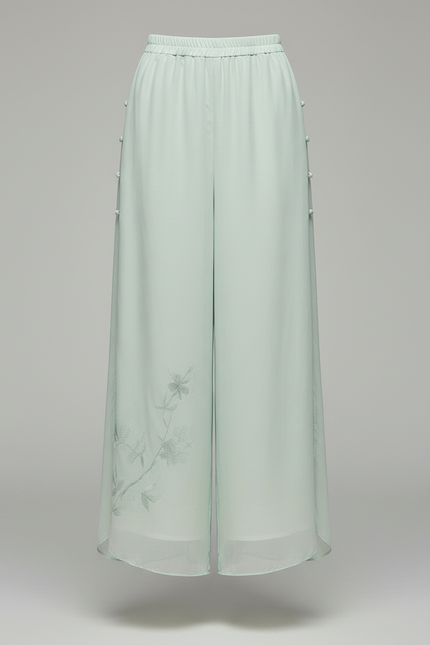 Pantalon Chinois Vert Fluide Brodé Floral Femme - Soie - vue 3