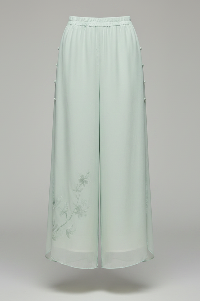 Pantalon Chinois Vert Fluide Brodé Floral Femme - Soie - vue 3