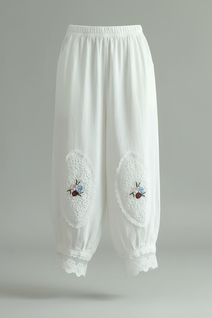 Pantalon Chinois Blanc Ample Brodé Coton Lin - vue 3