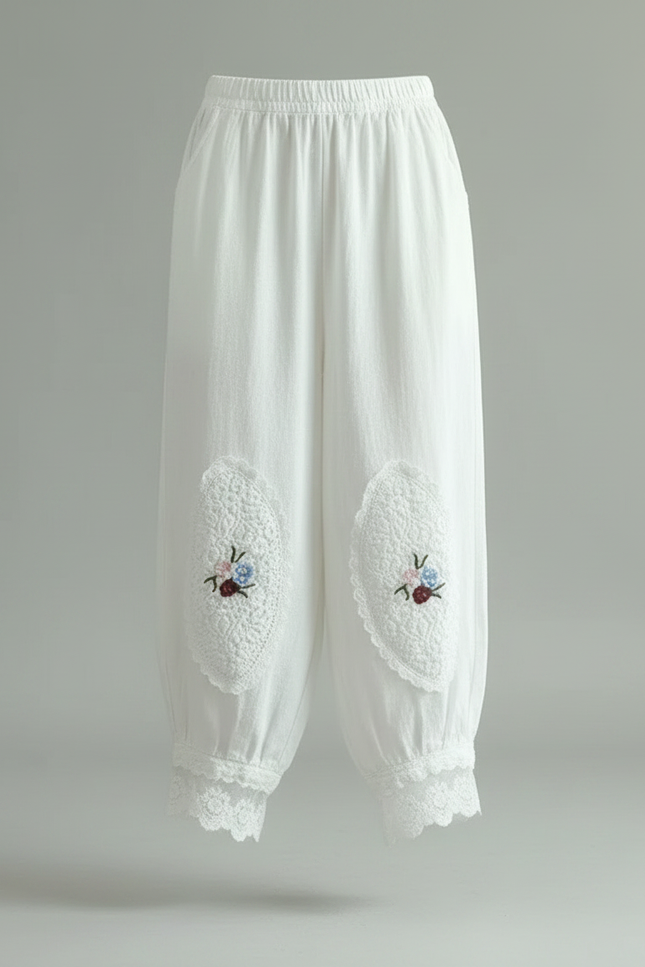 Pantalon Chinois Blanc Ample Brodé Coton Lin - vue 3