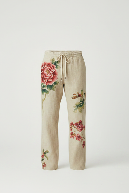 Pantalon Chinois Lin Beige Fleurie Ample Décontracté - vue 3