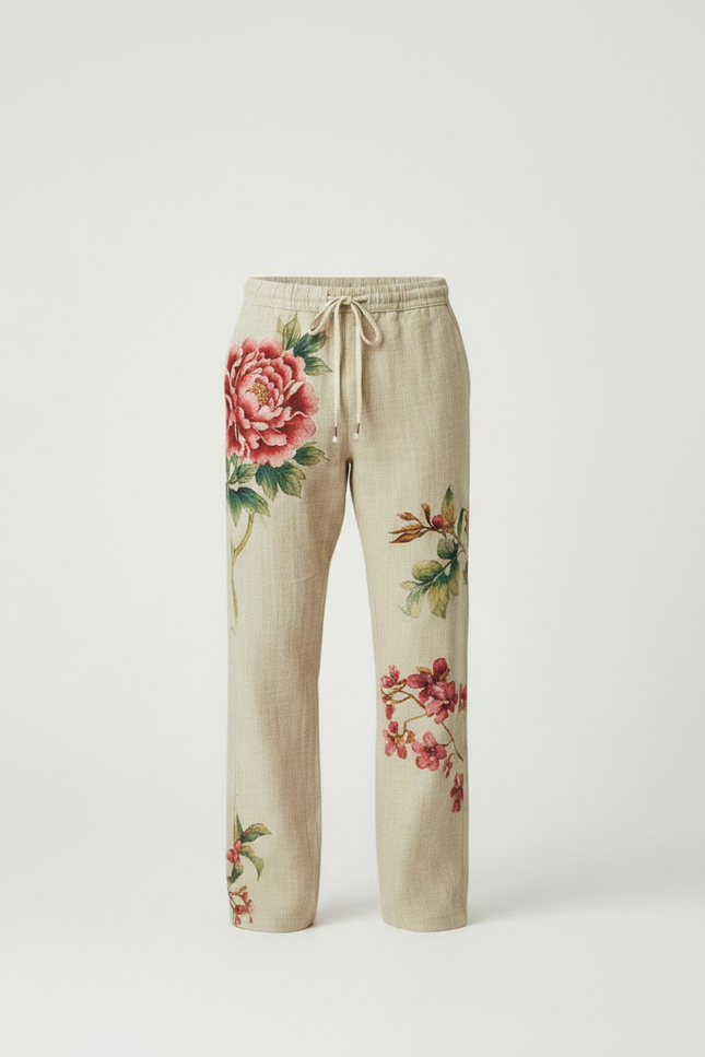Pantalon Chinois Lin Beige Fleurie Ample Décontracté - vue 3