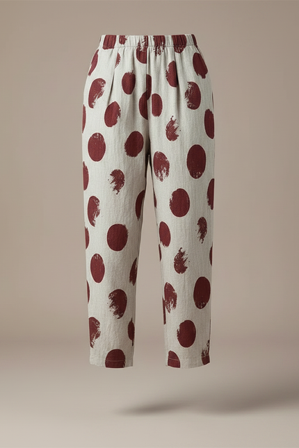 Pantalon Chinois Écru Lin Ample Imprimé Pois Rouge - vue 3