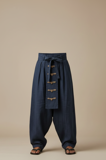 Pantalon Chinois Bleu Marine Ample Lin Décontracté Homme - vue 3