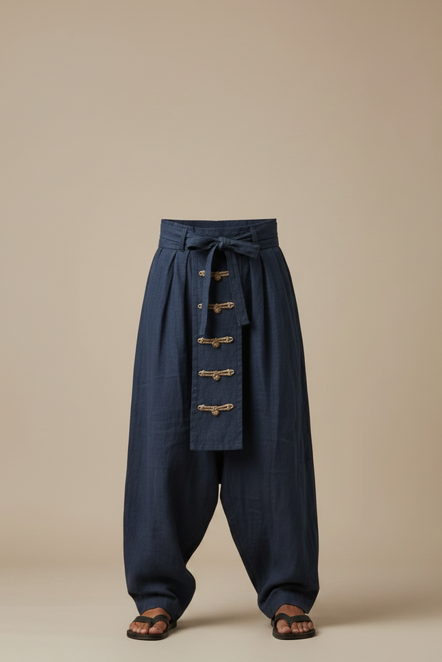 Pantalon Chinois Bleu Marine Ample Lin Décontracté Homme - vue 3