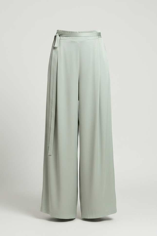 Pantalon Chinois Vert Satin Fluide Ample Ceinturé - vue 3