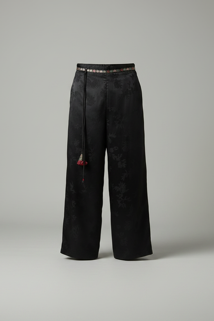 Pantalon Chinois Noir Jacquard Ample Fluide Ethnique - Satin - vue 3
