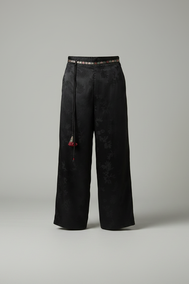 Pantalon Chinois Noir Jacquard Ample Fluide Ethnique - Satin - vue 3