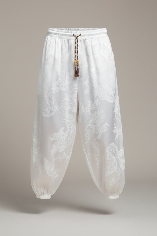 Pantalon Chinois Blanc Dragon Imprimé Soie Ample Homme - vue 3
