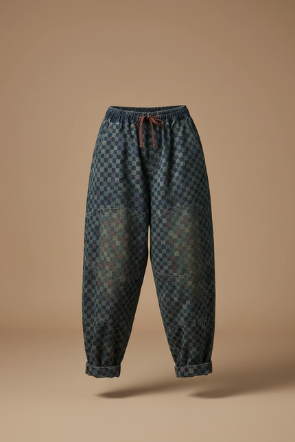 Pantalon Chinois Carreaux Denim Ample Vintage Harem - Bleu Jean - vue 3