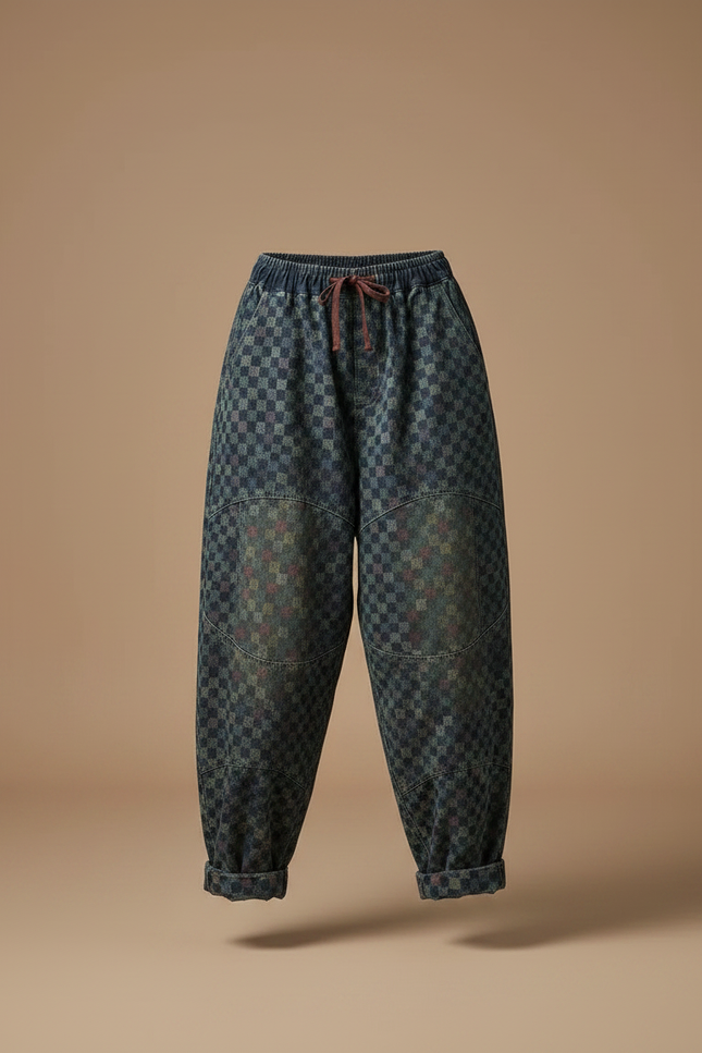 Pantalon Chinois Carreaux Denim Ample Vintage Harem - Bleu Jean - vue 3