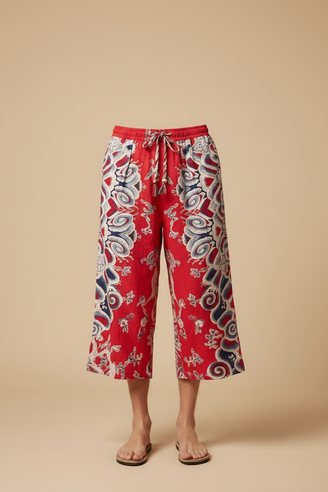 Pantalon Chinois Rouge Motif Ethnique Ample Décontracté Homme - Lin - vue 3