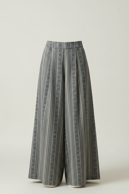 Pantalon Chinois Rayé Ample Ethnique Coton Lin - Gris - vue 3