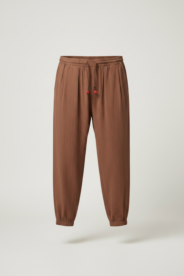 Pantalon Chinois Marron Ample Lin Coton Décontracté - vue 3