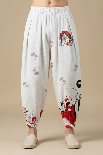 Pantalon Chinois Blanc Ample Imprimé Loup Fleuri Homme - Lin - vue 3