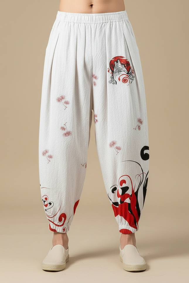 Pantalon Chinois Blanc Ample Imprimé Loup Fleuri Homme - Lin - vue 3