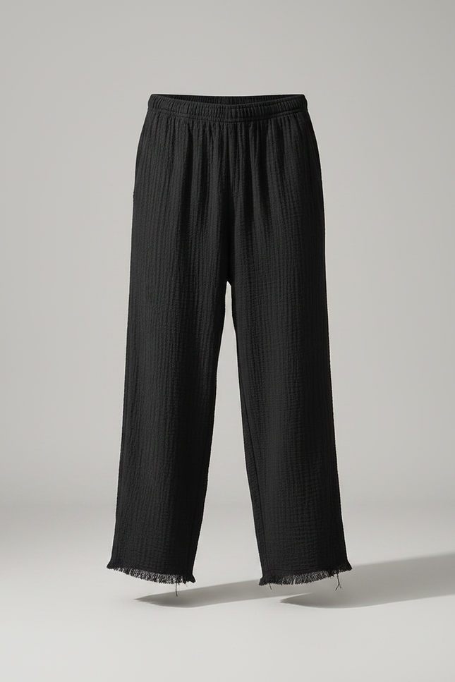 Pantalon Chinois Noir Ample Coton Lin Froissé Décontracté - vue 3