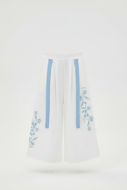 Pantalon Chinois Blanc Ample Brodé Floral Enfant - Viscose - vue 3