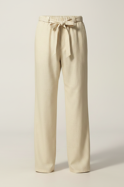 Pantalon Chinois Lin Beige Ample Taille Élastique - vue 3