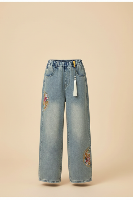 Pantalon Chinois Jeans Brodé Ample Fille Décontracté - Bleu - vue 3