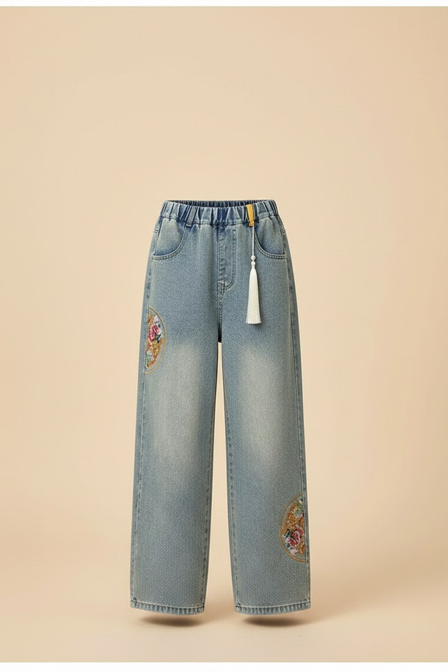 Pantalon Chinois Jeans Brodé Ample Fille Décontracté - Bleu - vue 3