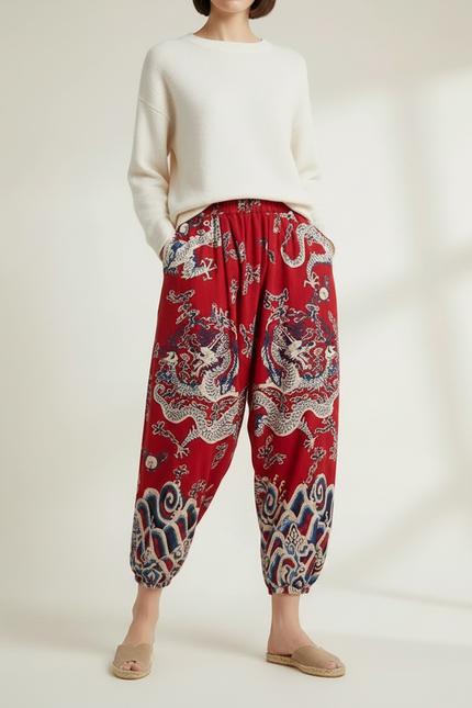 Pantalon Chinois Rouge Dragon Ample Harem Coton - vue 3