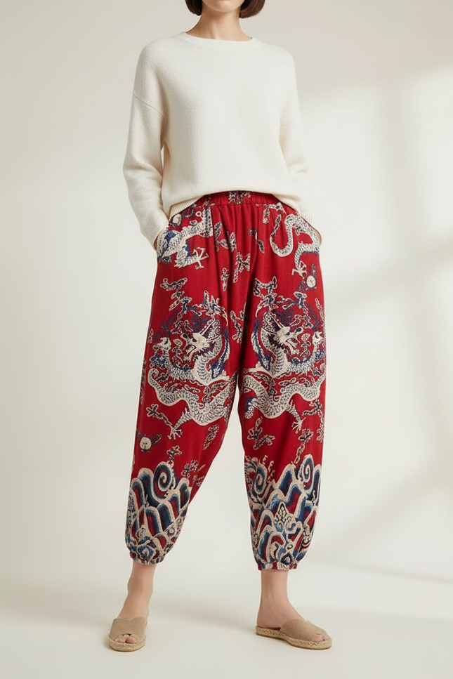 Pantalon Chinois Rouge Dragon Ample Harem Coton - vue 3