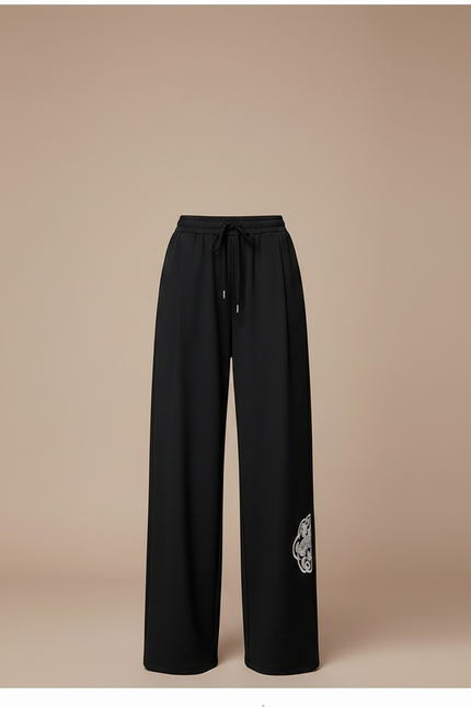 Pantalon Chinois Noir Ample Brodé Fluide Femme - Viscose - vue 3