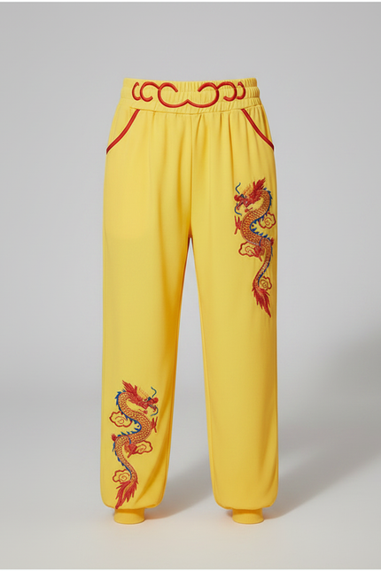 Pantalon Chinois Jaune Ample Brodé Dragon Enfant - Polyester - vue 3