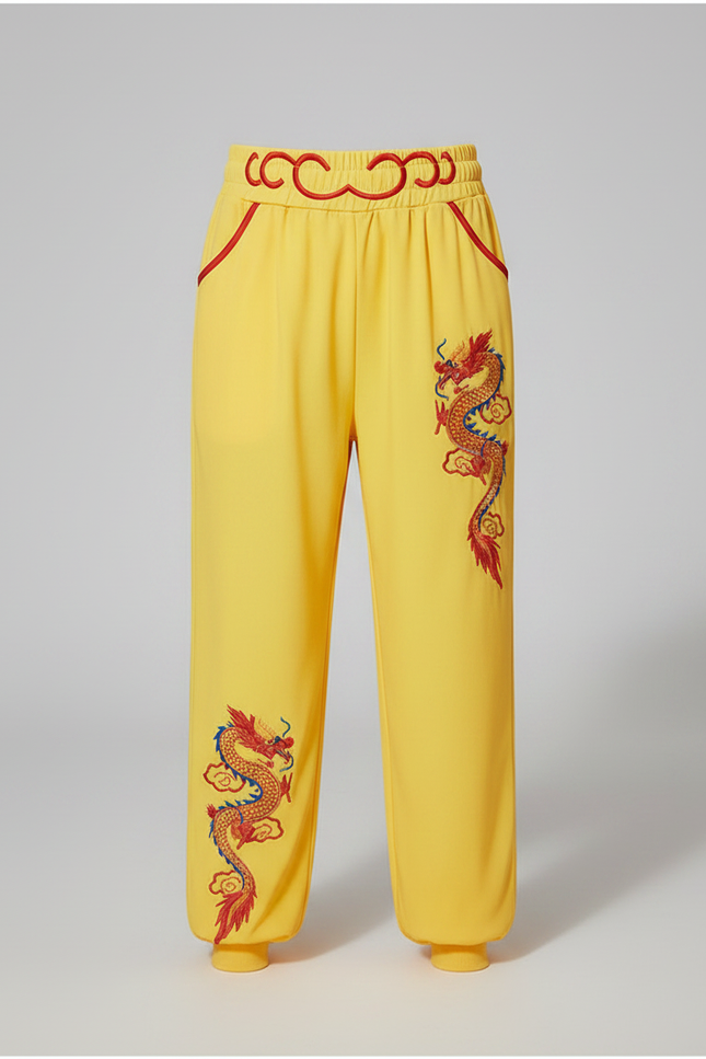 Pantalon Chinois Jaune Ample Brodé Dragon Enfant - Polyester - vue 3