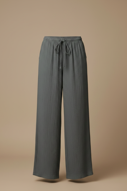 Pantalon Chinois Gris Ample Fluide Texturé Femme - Coton - vue 3