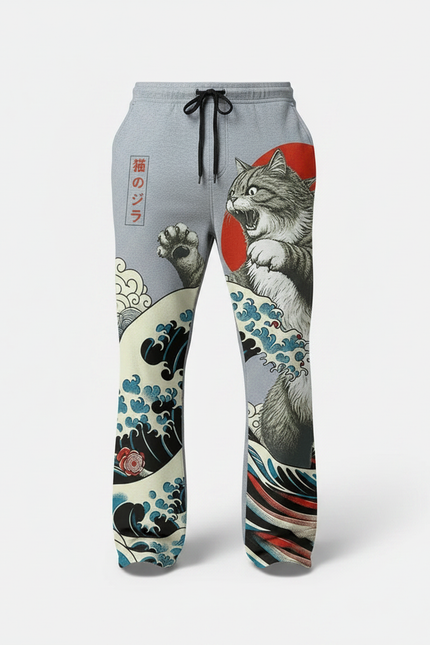 Pantalon Chinois Gris Godzilla Vagues Japonais Décontracté Homme - Molleton - vue 3
