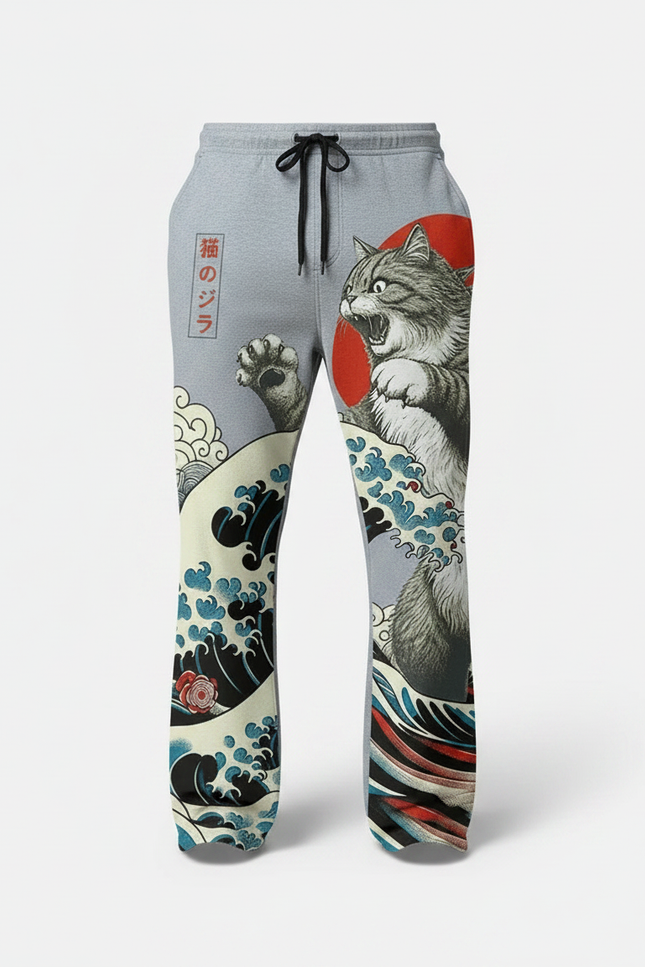 Pantalon Chinois Gris Godzilla Vagues Japonais Décontracté Homme - Molleton - vue 3