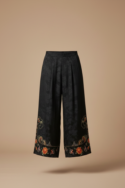 Pantalon Chinois Noir Brodé Ample Jacquard Vintage - Soie - vue 3