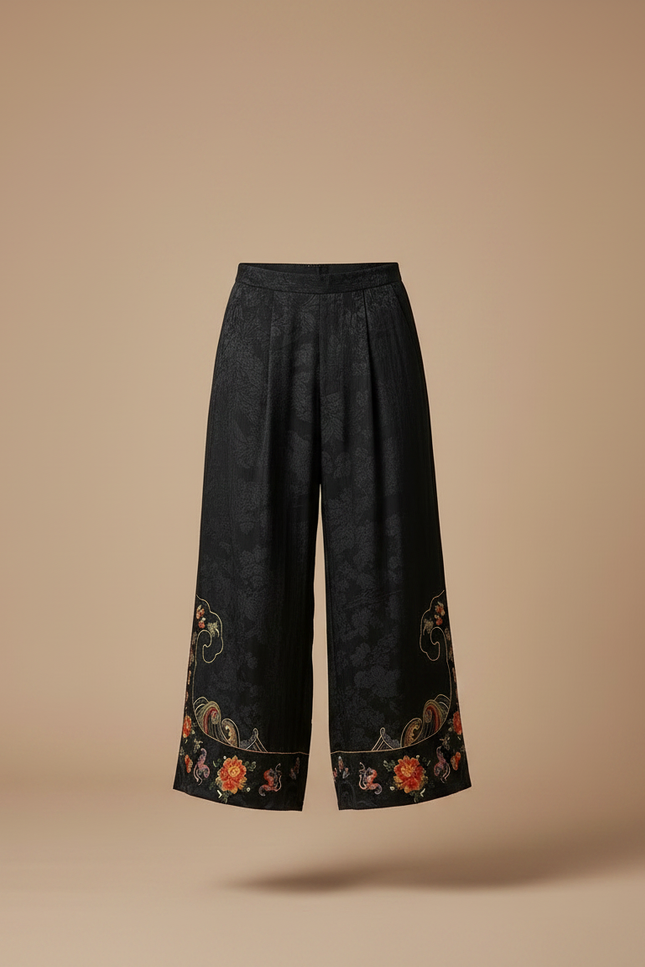 Pantalon Chinois Noir Brodé Ample Jacquard Vintage - Soie - vue 3