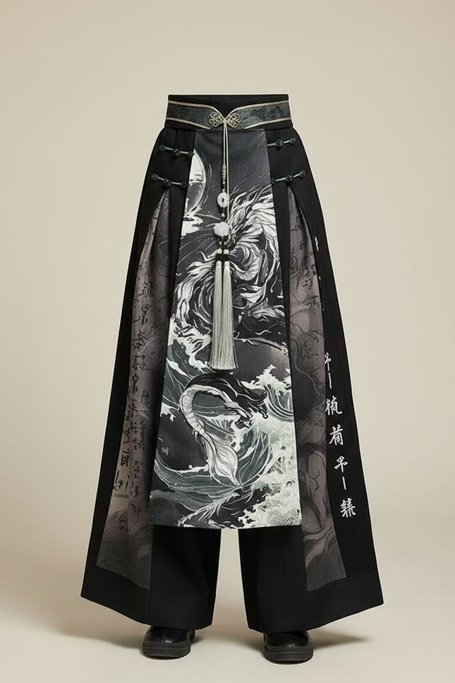 Pantalon Chinois Noir Imprimé Dragon Élégant Hanfu - Polyester - vue 3
