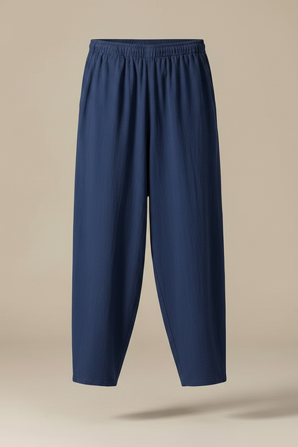 Pantalon Chinois Ample Coton Lin Bleu Marine - vue 3