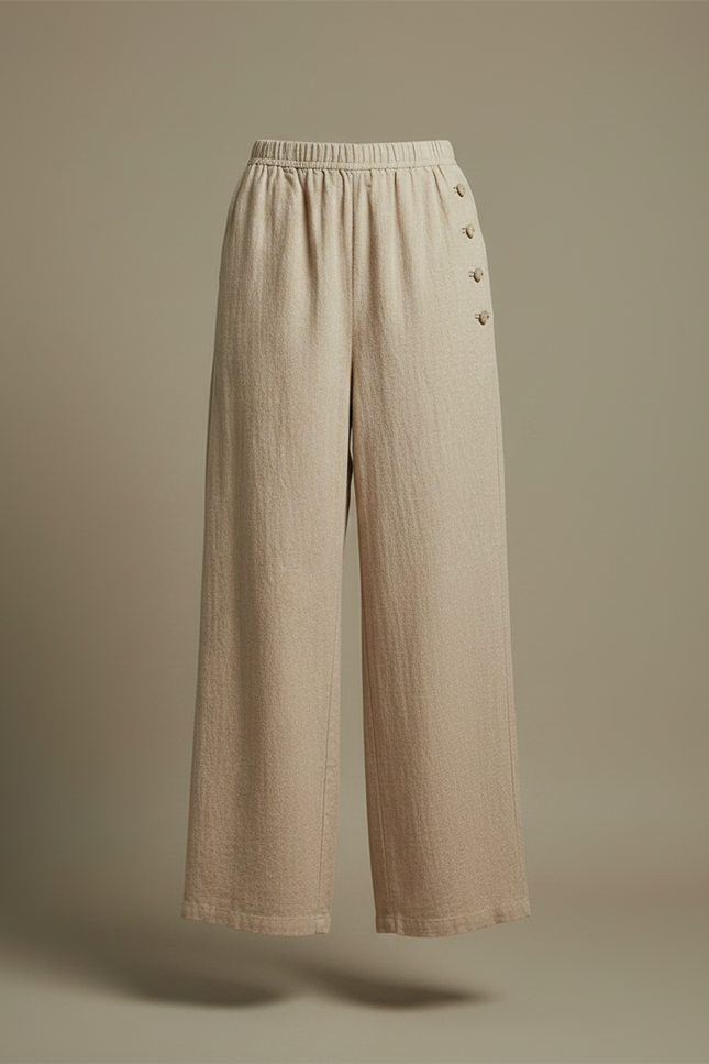 Pantalon Chinois Beige Ample Lin Coton Boutons - vue 3