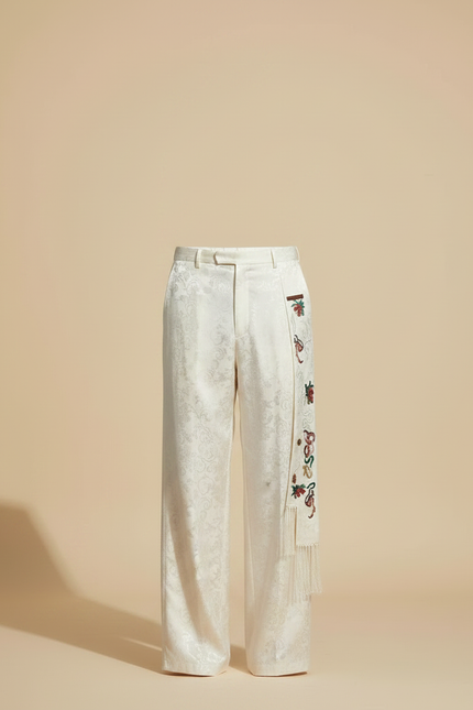 Pantalon Chinois Blanc Jacquard Brodé Ample Ethnique - Soie - vue 3