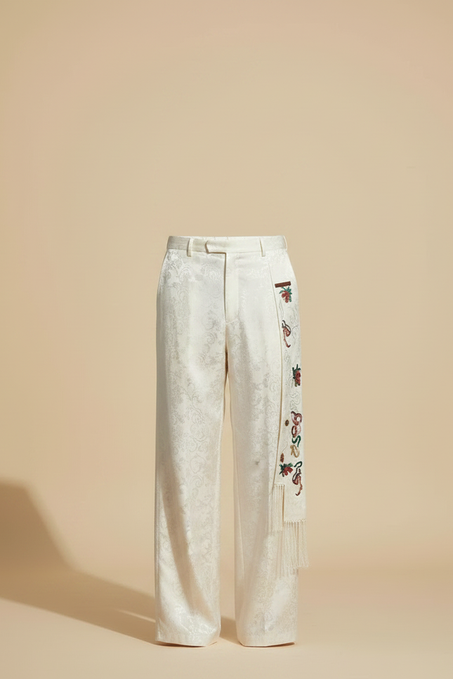 Pantalon Chinois Blanc Jacquard Brodé Ample Ethnique - Soie - vue 3