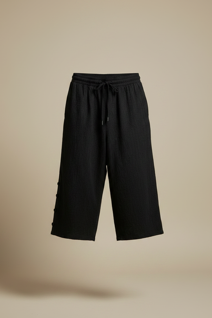 Pantalon Chinois Noir Ample Texturé Décontracté Coton Lin - vue 3
