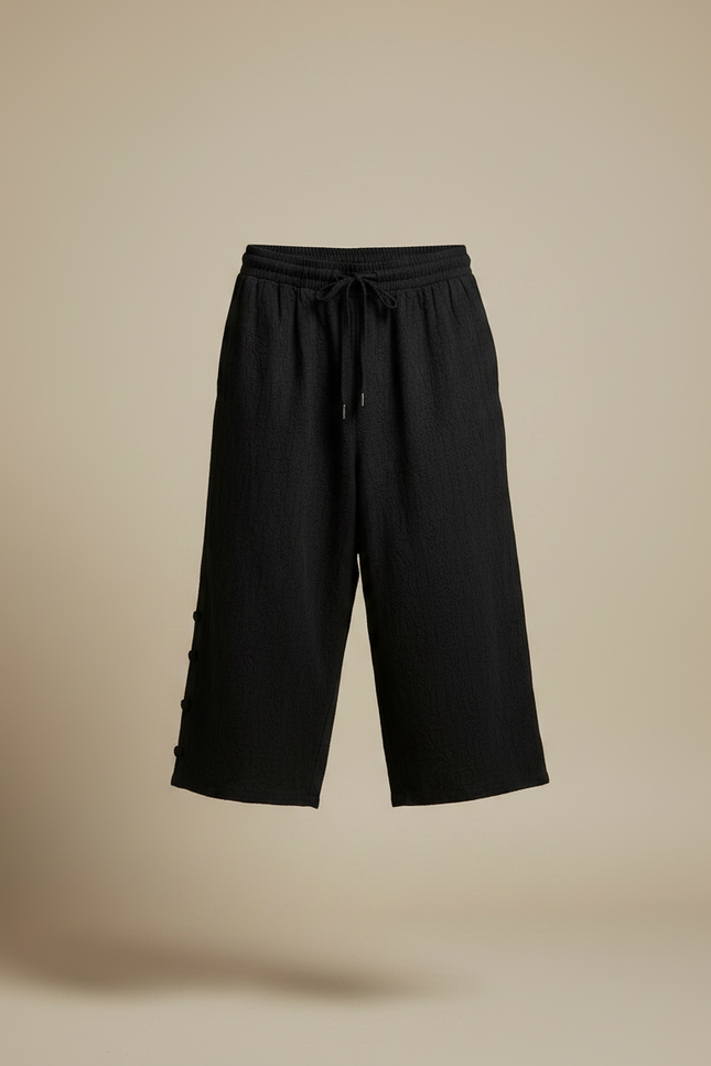 Pantalon Chinois Noir Ample Texturé Décontracté Coton Lin - vue 3