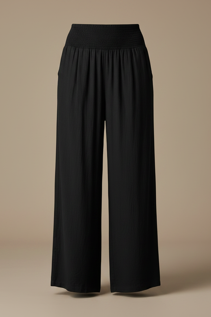 Pantalon Chinois Noir Ample Fluide Smocké Décontracté - Lin - vue 3