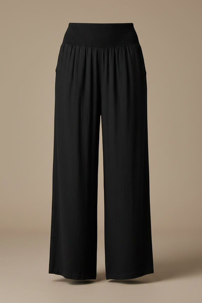 Pantalon Chinois Noir Ample Fluide Smocké Décontracté - Lin - vue 3