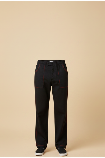 Pantalon Chinois Noir Ample Coutures Rouges Homme - Gabardine - vue 3