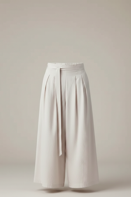 Pantalon Chinois Écru Ample Plissé Ceinture Décontracté - Beige Lin - vue 3