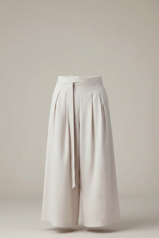 Pantalon Chinois Écru Ample Plissé Ceinture Décontracté - Beige Lin - vue 3