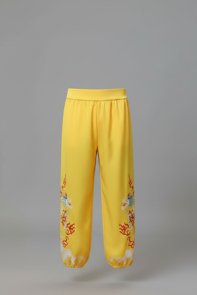 Pantalon Chinois Jaune Brodé Dragon Ample Enfant - Satin - vue 3