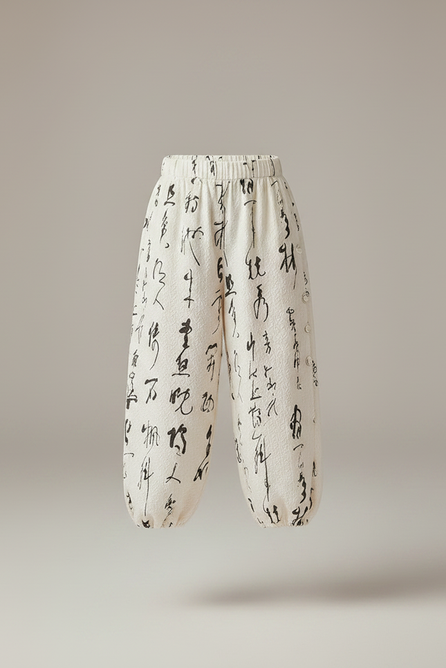 Pantalon Chinois Crème Ample Calligraphie Fille Coton Doux - Beige - vue 3