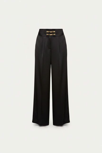 Pantalon Chinois Noir Ample Satiné Élégant Boucle Dorée - vue 3